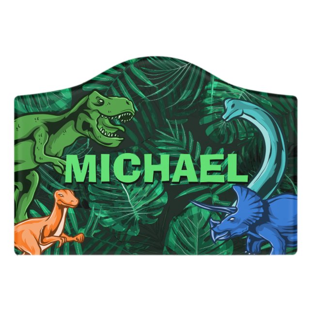  Personalized Dinosaur Kids Dino Jurassic Trex Boy Door Sign (Small Crest Front)