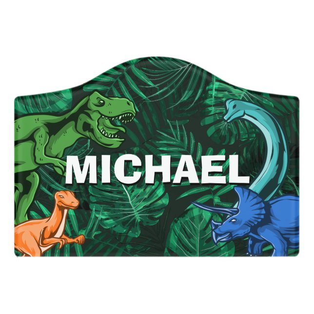  Personalized Dinosaur Kids Dino Jurassic Trex Boy Door Sign (Small Crest Front)