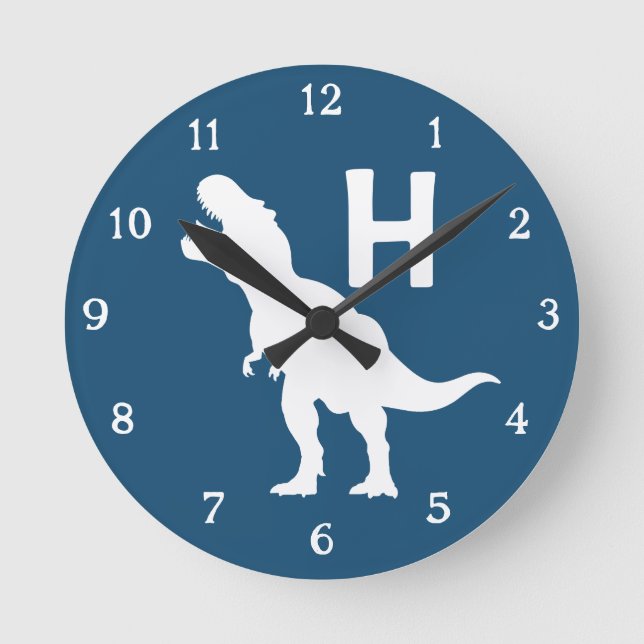 Personalized Dinosaur Kids Wall Clock Blue T-Rex (Front)