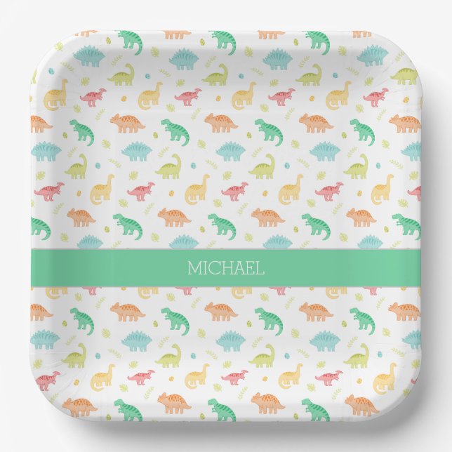 Personalized Dinosaur Paper Plate – Green Blue  (Front)