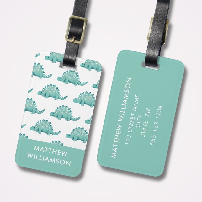 Personalized Dinosaur Pattern Luggage Tag (Cute kids stegosaurus dinosaur personalized luggage tag with address details to reverse side.)