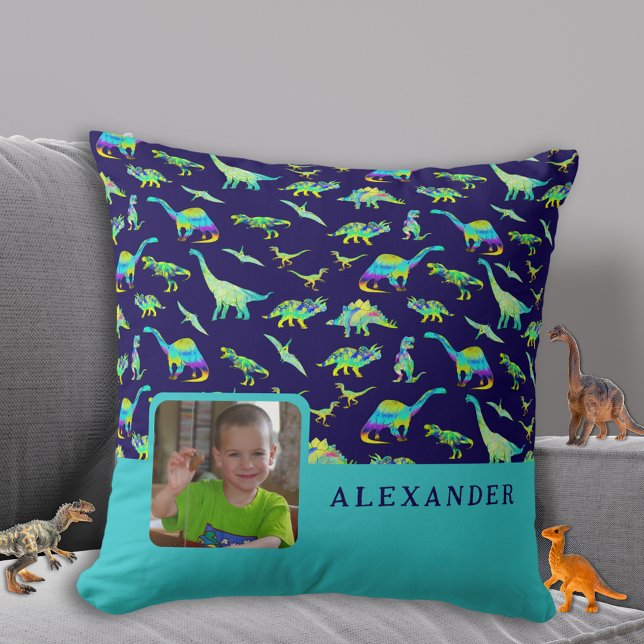 Personalized Dinosaur Photo Name Blue Throw Pillow (Colorful dinosaur boys personalized photo and name navy blue pillow Cute dino home decor for kids)