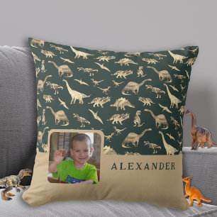 Personalized Dinosaur Photo Name Green Throw Pillow
