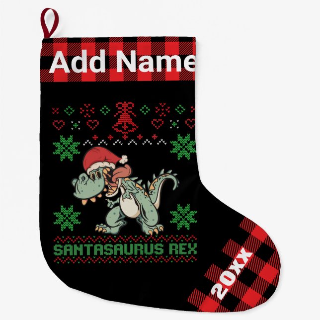 Personalized Dinosaur Santasaurus Rex Ugly Xmas Large Christmas Stocking (Front)