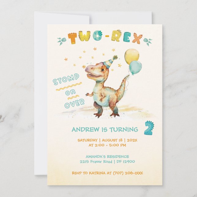 Personalized  Dinosaur Second Birthday Party Invitation (Front)