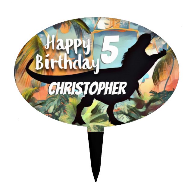 Personalized Dinosaur T-Rex Happy Birthday Cake Topper (Front)
