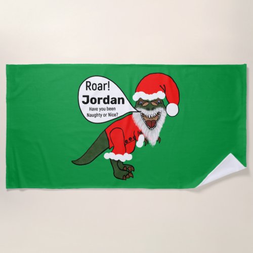 Personalized Dinosaur T_Rex Santa Christmas Gift Beach Towel