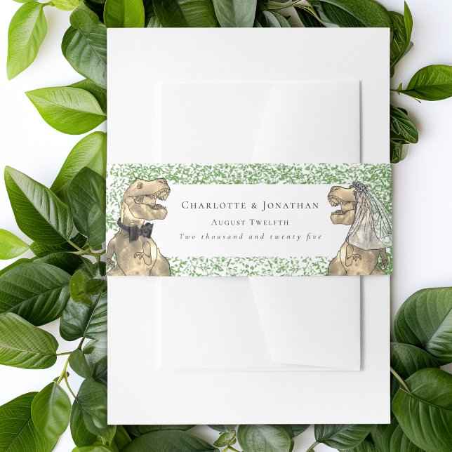 Personalized Dinosaur Theme Wedding Invitation Belly Band (Dinosaur bride and groom custom wedding invitation belly bands Watercolor foliage Jurassic T-Rex )