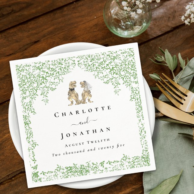 Personalized Dinosaur Wedding Napkins (Personalized dinosaur T-Rex bride and groom wedding napkins Watercolor Jurassic eucalyptus foliage)
