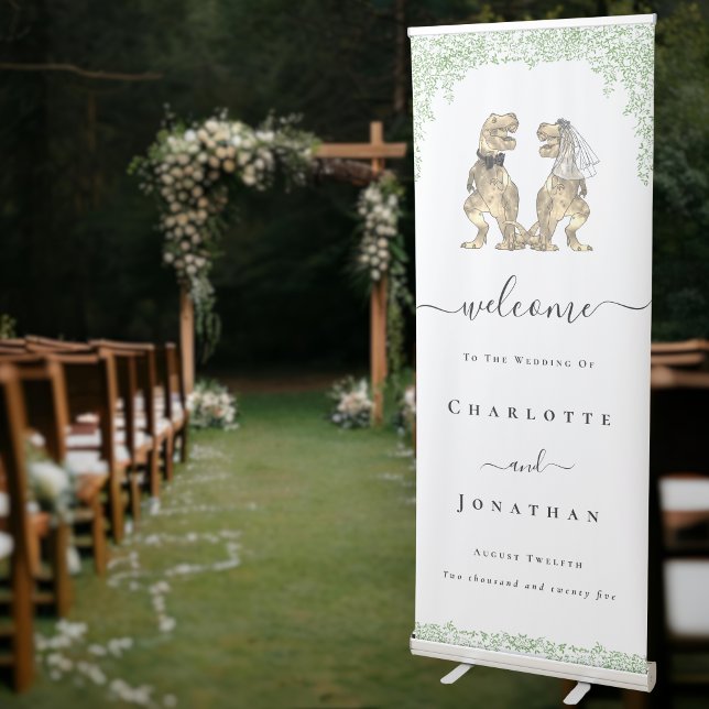 Personalized Dinosaur Wedding Welcome Sign (Personalized Dinosaur theme wedding welcome sign retractable banner Watercolor Foliage)