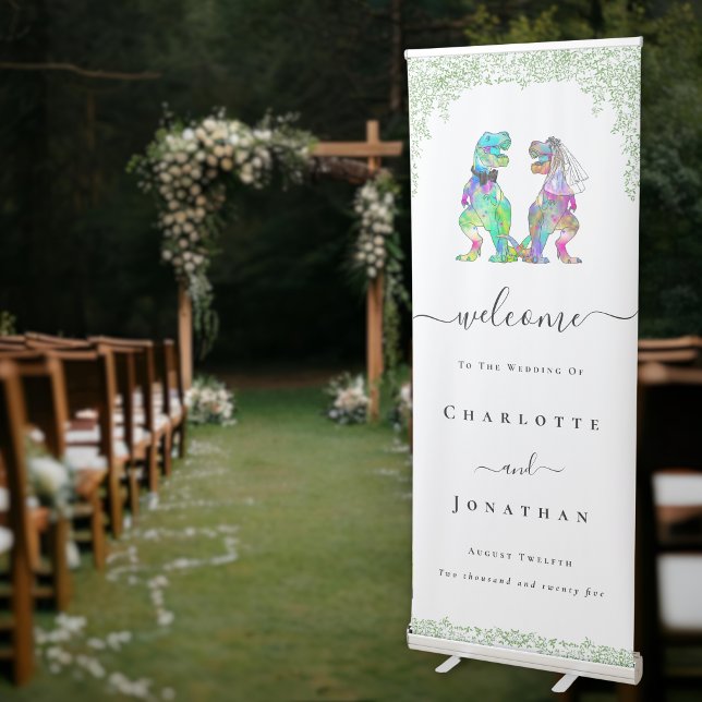 Personalized Dinosaur Wedding Welcome Sign (Funny Dinosaur T-Rex bride and groom custom wedding welcome banner Watercolor foliage)