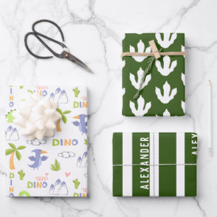 Personalized Dinosaur White & Green Kids Wrapping Paper Sheets