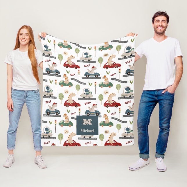 Personalized Dinosaurs Driving in Traffic Tales Fleece Blanket (In Situ)