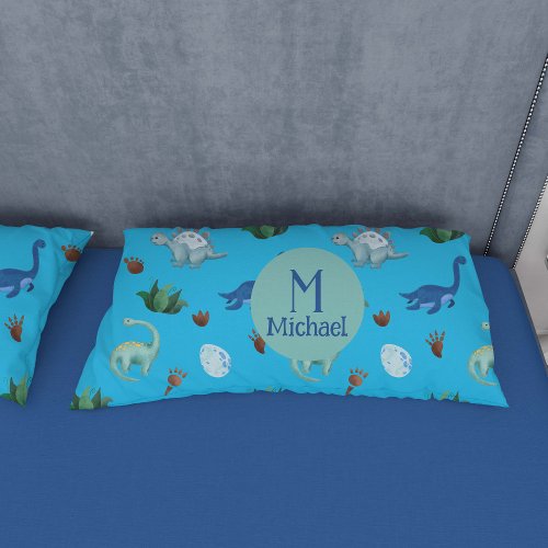 Personalized Dinosaurs in Turquoise Background Pillow Case