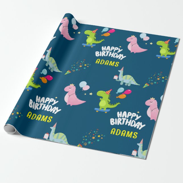 Personalized Dinosaurs kids Birthday Wrapping Paper (Unrolled)
