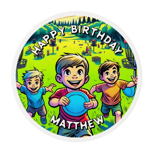 Personalized Disc Golf Boy's Birthday   Edible Frosting Rounds (Front)