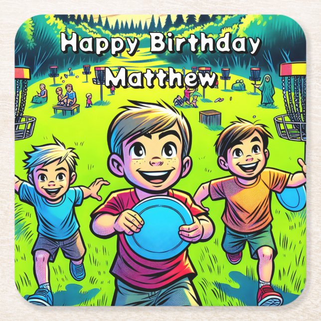 Personalized Disc Golf Boy's Birthday   Square Paper Coaster (Front)