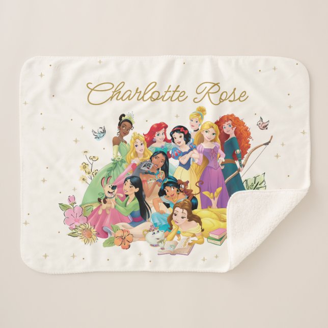 Personalized Disney Princess Floral Sherpa Blanket (Front (Horizontal))