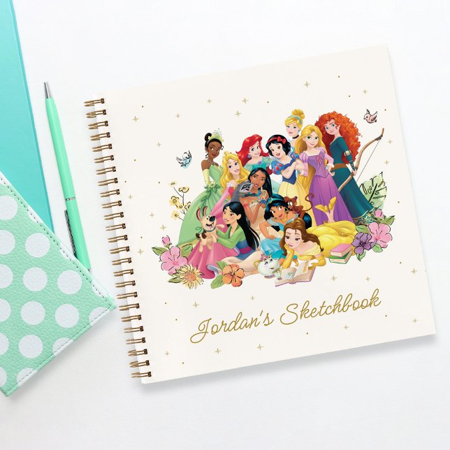 Personalized Disney Princess Floral Sketch Notebook (Sketchbook on table)