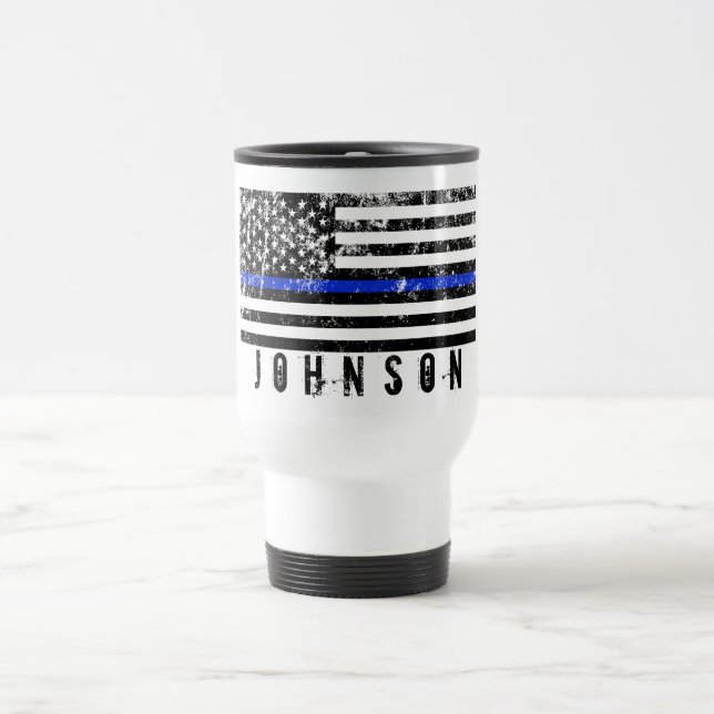 Personalized Distressed American Police Flag White Travel Mug (Center)