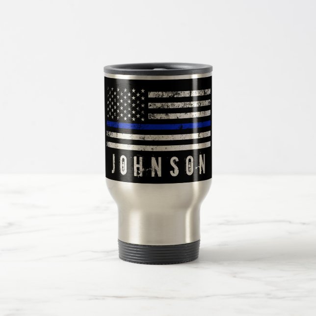 Personalized Distressed Style American Police Flag Travel Mug (Center)