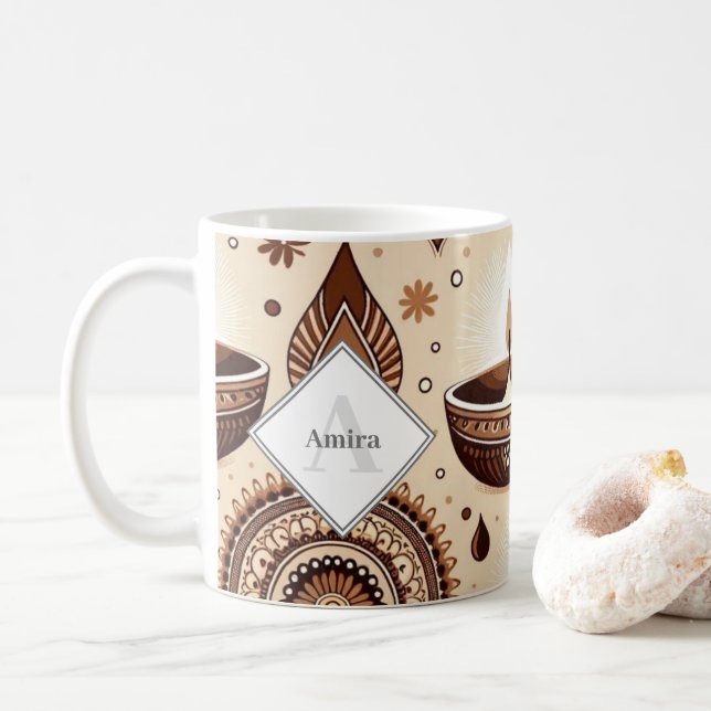 Personalized Diwali Diyas & Rangoli Gold & Bronze Coffee Mug (With Donut)