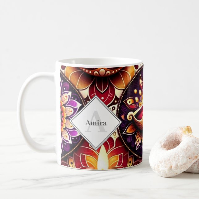 Personalized Diwali Red and Purple Diyas & Rangoli Coffee Mug (With Donut)