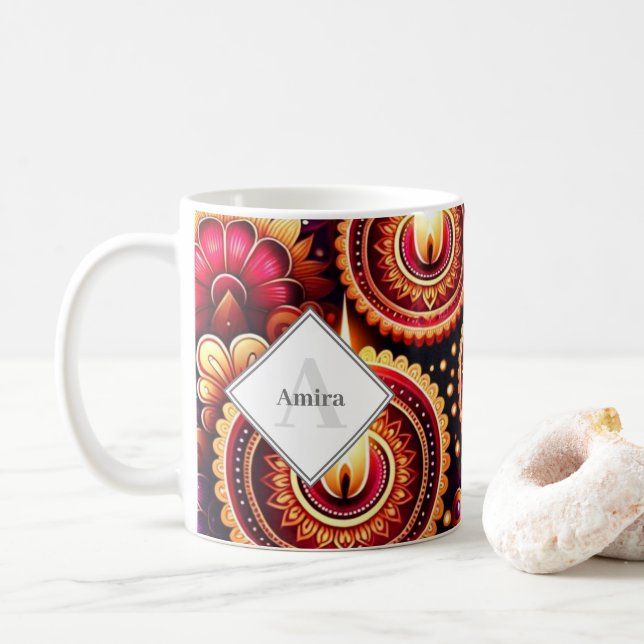Personalized Diwali Red and Purple Rangoli & Diyas Coffee Mug (With Donut)