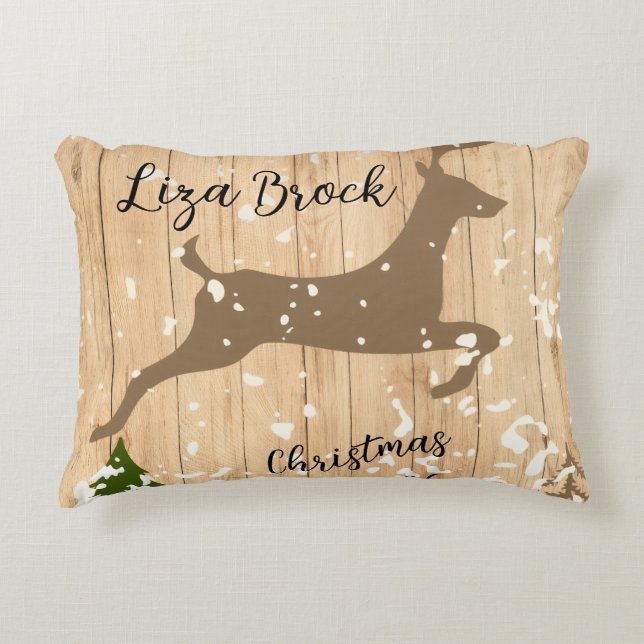 Personalized doe Christmas bauble wooden backgroun Accent Pillow (Front)