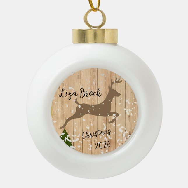 Personalized doe Christmas bauble wooden backgroun Ceramic Ball Christmas Ornament (Front)