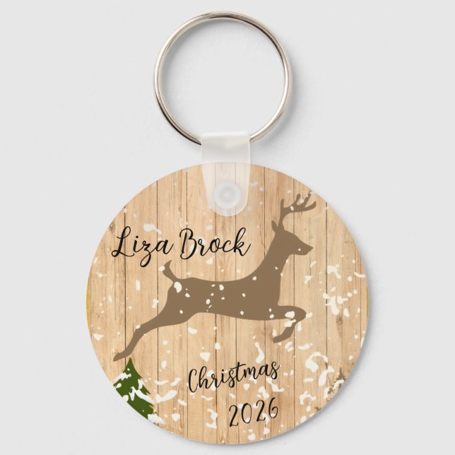 Personalized doe Christmas bauble wooden backgroun Keychain (Front)