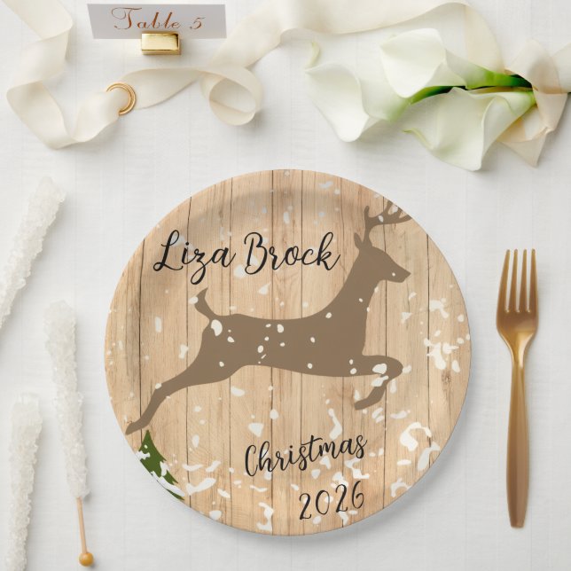 Personalized doe Christmas bauble wooden backgroun Paper Plates (Wedding)