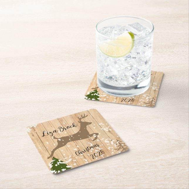 Personalized doe Christmas bauble wooden backgroun Square Paper Coaster (Insitu)