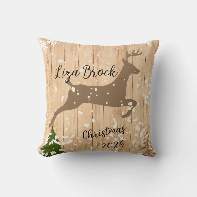 Personalized doe Christmas bauble wooden backgroun Throw Pillow (Front)