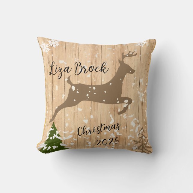 Personalized doe Christmas bauble wooden backgroun Throw Pillow (Front)