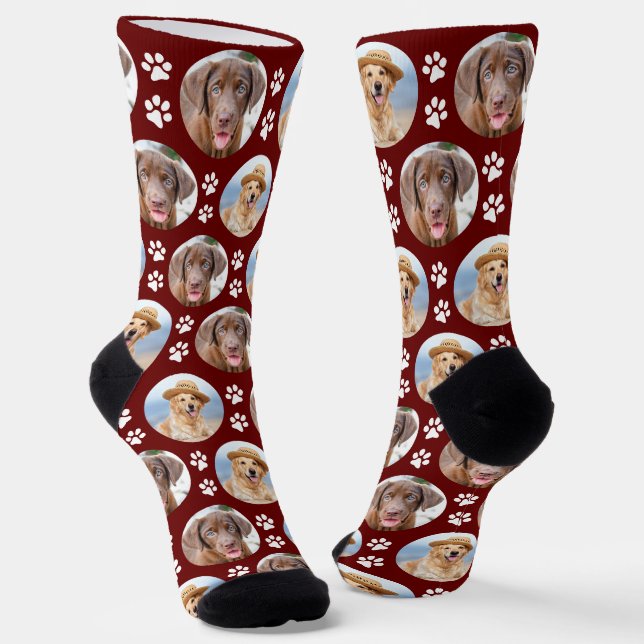 Personalized Dog 2 Photo Cute Red Pet Paw Prints Socks (Angled)