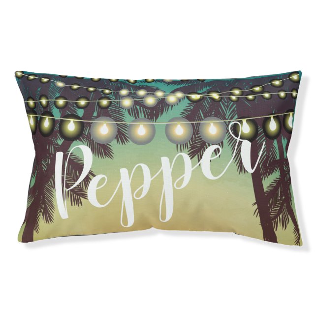 Personalized Dog Bed Beach Sunset Palm Trees Strin (Front)