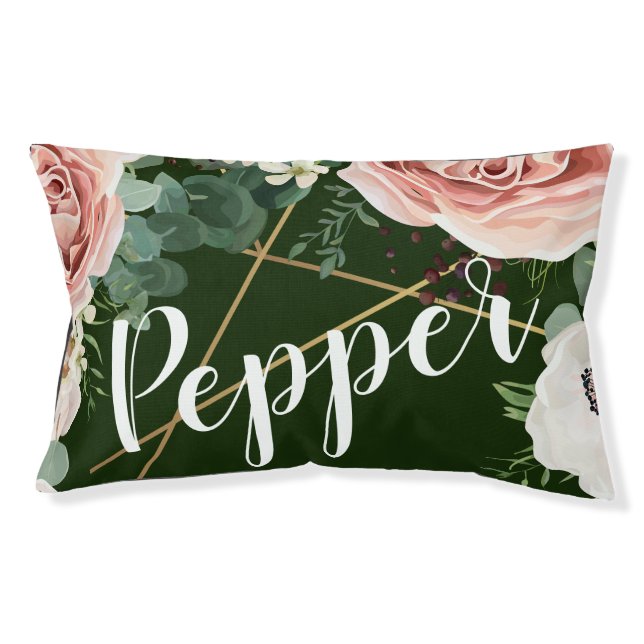 Personalized Dog Bed Geometric Garden Rose Hunter (Front)