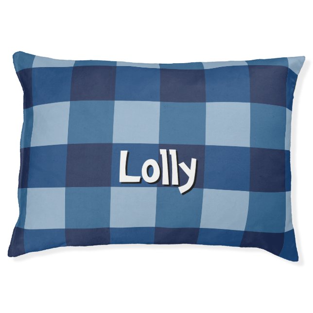 Personalized Dog Bed in Blue Gingham (Front)