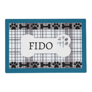 Personalized Dog Bone Paw Print Black Plaid Placemat