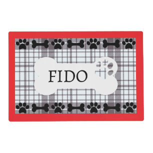 Personalized Dog Bone Paw Print Black Plaid Placemat