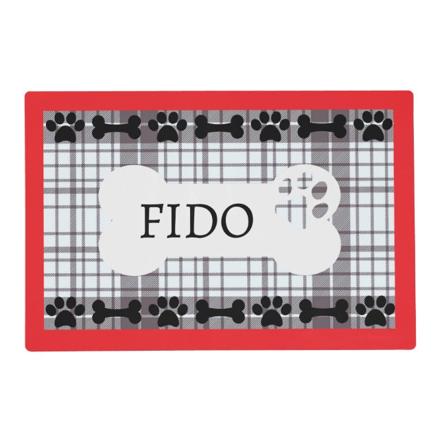 Personalized Dog Bone Paw Print Black Plaid Placemat (Front)