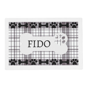 Personalized Dog Bone Paw Print Black Plaid Placemat