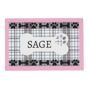 Personalized Dog Bone Paw Print Black Plaid Placemat