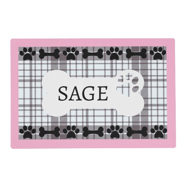 Personalized Dog Bone Paw Print Black Plaid Placemat (Front)