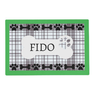 Personalized Dog Bone Paw Print Black Plaid Placemat