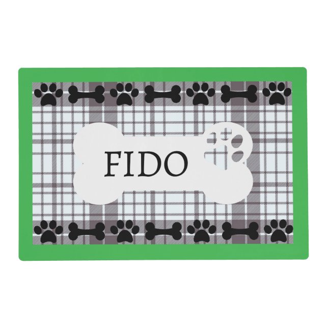 Personalized Dog Bone Paw Print Black Plaid Placemat (Front)