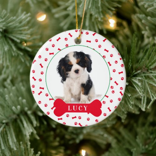 Personalized Dog Bone  Pawprint Holiday Photo Pet Ceramic Ornament