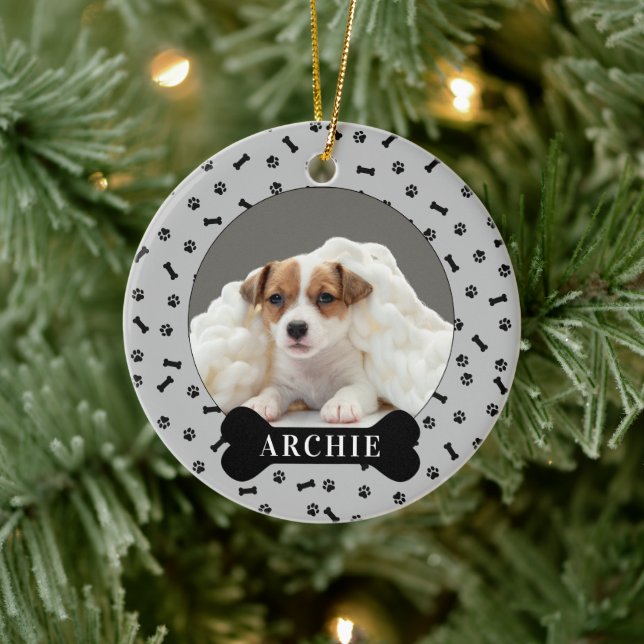 Personalized Dog Bone & Pawprint Holiday Photo Pet Ceramic Ornament (Tree)