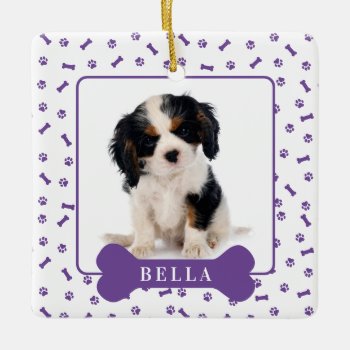 Personalized Dog Bone & Pawprint Holiday Photo Pet Ceramic Ornament by celebrateitornaments at Zazzle